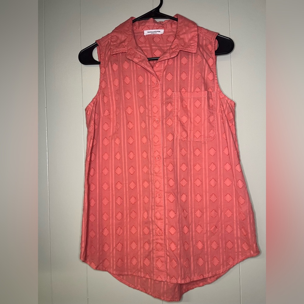 Coral Sleeveless Button Up Embroidered Top